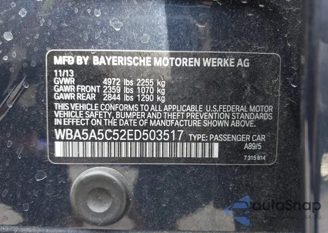 2014 BMW 528I z USA, uszkodzony, nr VIN WBA5A5C52ED503517